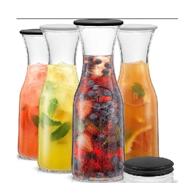 JoyJolt Glass Carafe with Lids. 4 Glass Carafes for Mimosa Bar 36 oz Capacity